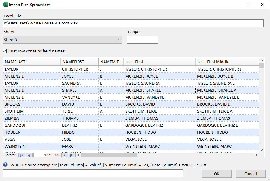 Select and preview an Excel Spreadsheet for import